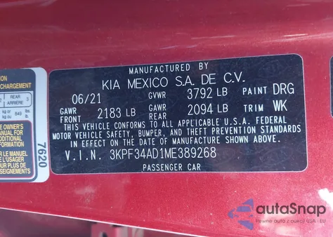 2021 Kia Forte Gt Line из США, поврежденный, VIN 3KPF34AD1ME389268